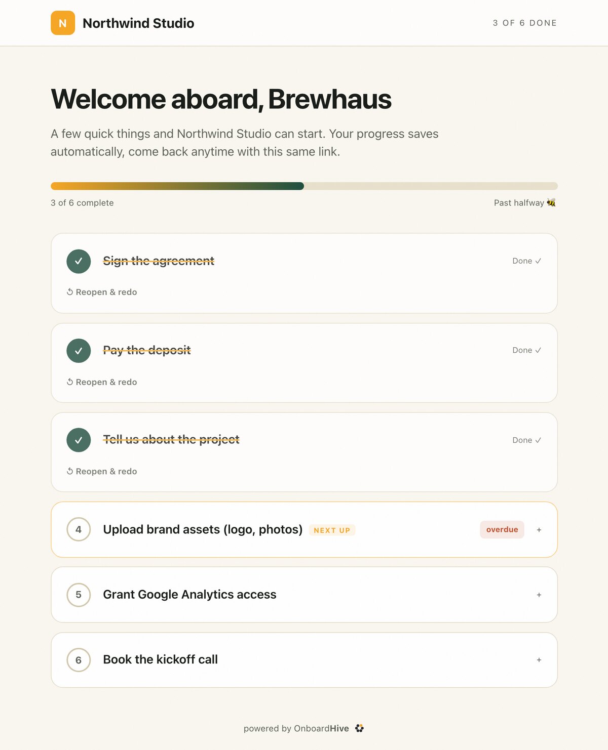 The client's view of a white-labelled OnboardHive portal branded as Northwind Studio. A progress bar reads 3 of 6 complete, with the agreement, deposit and project questions struck through as done, and 'Upload brand assets' flagged next up and overdue.